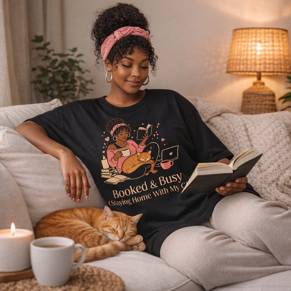Booked & Busy - Staying Home With My Cat Oversized Tee