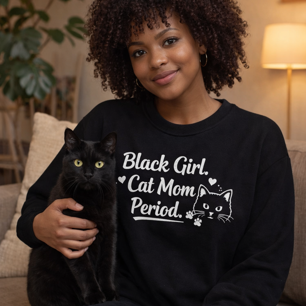 Black Girl. Cat Mom. Period. Black Crewneck